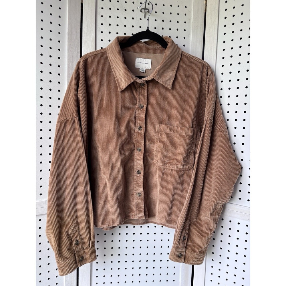 AE American Eagle Cropped Corduroy Oversized Shirt Jacket Women's LG Brown Soft